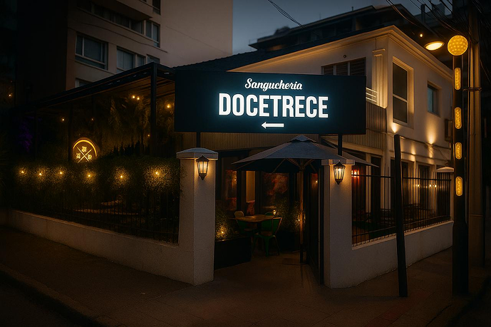 Fachada nocturna de la sanguchería DoceTrece, con letrero iluminado y terraza exterior con luces cálidas y mesas bajo un quitasol