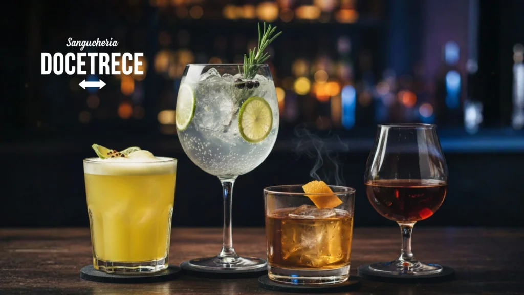 Selección de cocteles docetrece, tragos y destilados en Sanguchería DoceTrece con cócteles de autor, gin tonic con limón, whisky con hielo y copa de destilado en barra nocturna