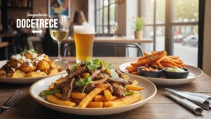 Platos con Papas Fritas gourmet en Sanguchería DoceTrece en Chile, acompañados de cerveza y vino en mesa de restaurante con luz natural