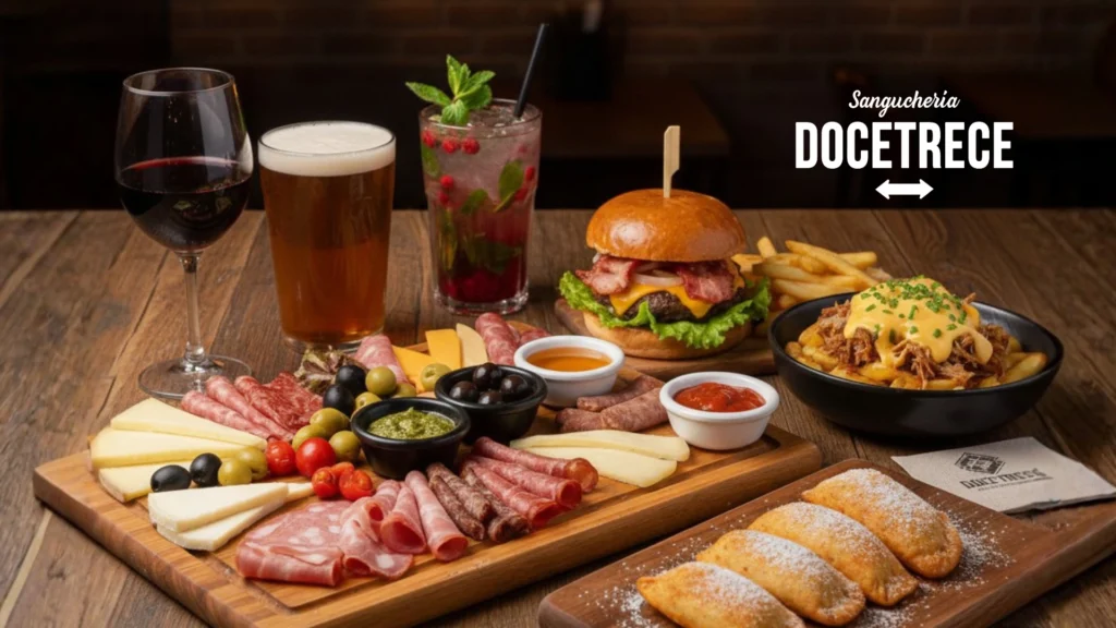 Tabla para compartir en Sanguchería DoceTrece en Chile con quesos y charcutería, acompañada de vino, cerveza, cóctel, hamburguesa, chorrillana y postres artesanales