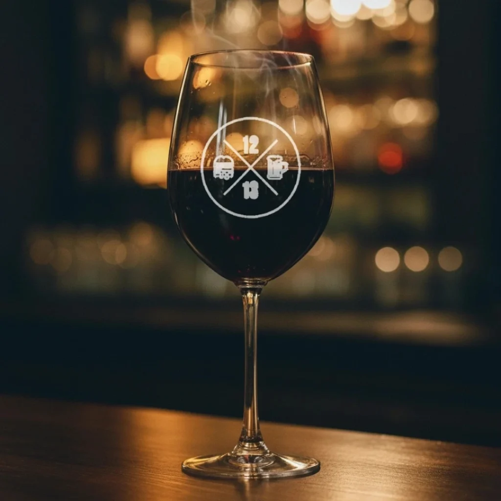 Copa de vino tinto con logo 12 13 de Sanguchería DoceTrece en Chile, ambiente nocturno y barra de fondo