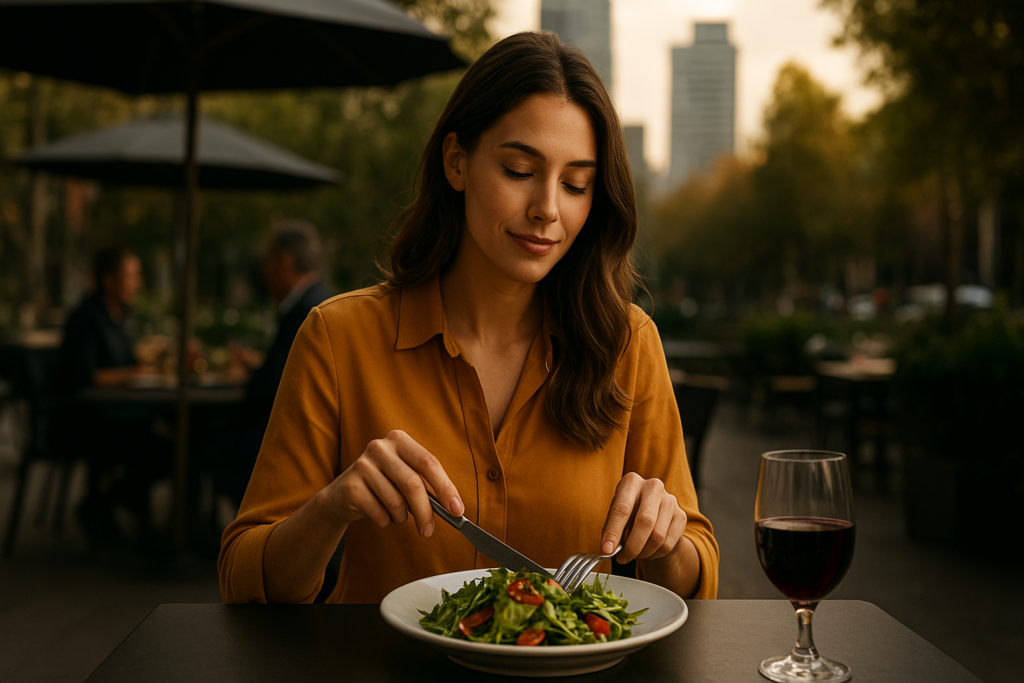 Mujer disfrutando ensalada fresca con copa de vino en terraza al aire libre, ambiente de restaurante DoceTrece en Santiago de Chile