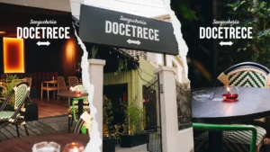 Terraza y fachada de Sanguchería DoceTrece en Santiago de Chile, ambiente al aire libre para dónde almorzar en Santiago con mesas, sillas y entrada del restaurante