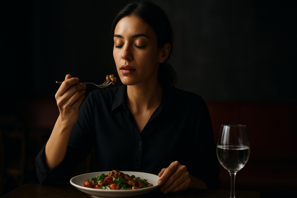 Mujer degustando plato saludable en ambiente íntimo de restaurante, cena elegante con copa de vino en mesa DoceTrece en Santiago de Chile