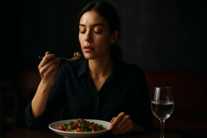 Mujer degustando plato saludable en ambiente íntimo de restaurante, cena elegante con copa de vino en mesa DoceTrece en Santiago de Chile