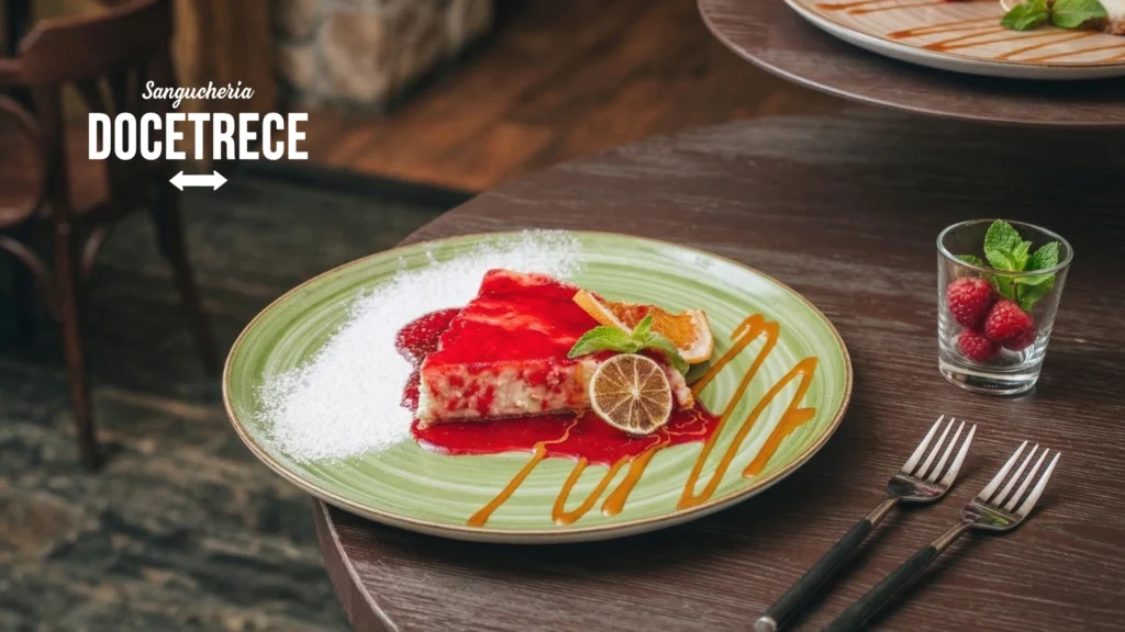 Los mejores postres en Santiago Postre gourmet de Sanguchería DoceTrece en Santiago de Chile, cheesecake con salsa de frambuesa, caramelo y decoración de frutas en plato servido en mesa del restaurante