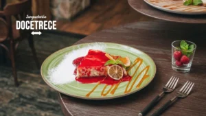 Los mejores postres en Santiago Postre gourmet de Sanguchería DoceTrece en Santiago de Chile, cheesecake con salsa de frambuesa, caramelo y decoración de frutas en plato servido en mesa del restaurante