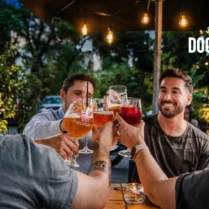 Amigos brindando con cervezas y cócteles en restobar santiago, la terraza de Sanguchería DoceTrece en Santiago de Chile, ambiente nocturno al aire libre con luces cálidas