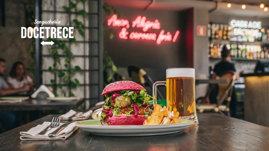 Sanguche Vegetariano o Hamburguesa vegetariana de Sanguchería DoceTrece en Santiago de Chile con pan rosado, verduras y papas rústicas, acompañada de cerveza en ambiente de restobar