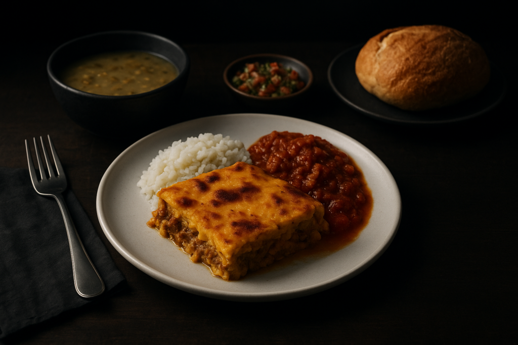 Pastel de choclo con arroz, salsa y pan en mesa de restaurante DoceTrece en Santiago de Chile, plato tradicional servido en ambiente gastronómico cálido