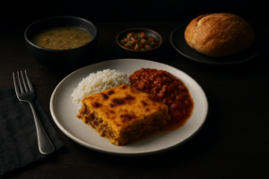 Pastel de choclo con arroz, salsa y pan en mesa de restaurante DoceTrece en Santiago de Chile, plato tradicional servido en ambiente gastronómico cálido
