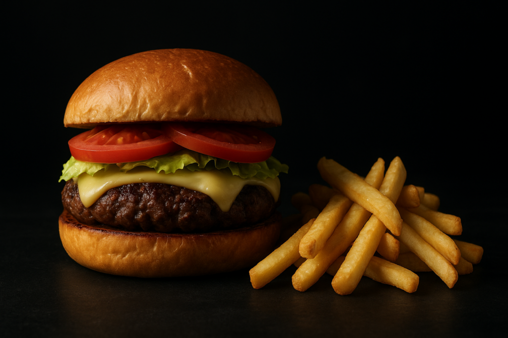 Hamburguesa clásica con queso, lechuga y tomate, acompañada de papas fritas, estilo Sanguchería DoceTrece en Chile